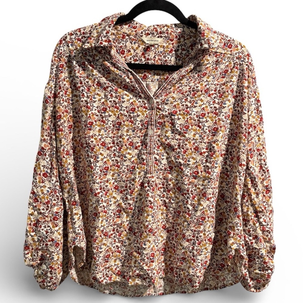 Max Studio Multicolor Floral Button Down Blouse- … - image 1